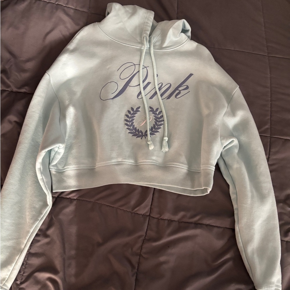 PINK Victoria's Secret Pastel Blue Cropped Hoodie with Script Logo
